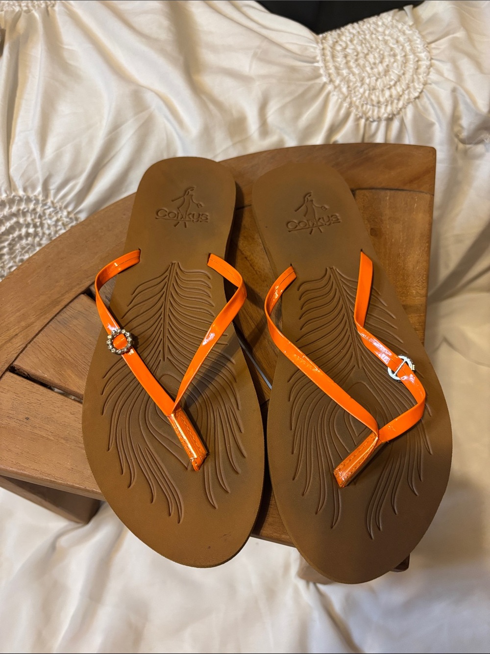 Corkys Orange Patent Strap Thong Sandals with Rhinestone Accent
